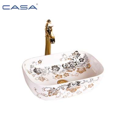 Popular Decoration Ceramic Gold Flowers Washroom Basin Sink