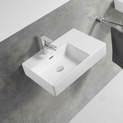 One Piece Rectangular White Bathroom Ceramic Wall Hung Basin For Sale