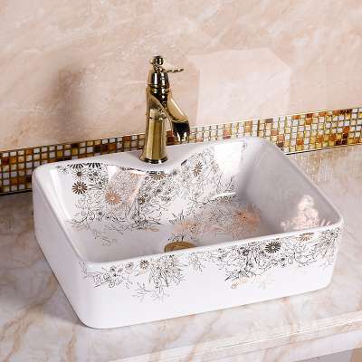 Classic European Bathroom Ceramic Gold Flower Color Hand Wash Basin